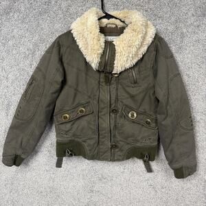 Big Chill Jacket Womens Medium Green Faux Fur Hooded Bomber Insulated Winter